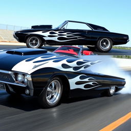 A classic black 1965 Ford Thunderbird drag car featuring stunning white ghost flames that subtly blend into the sleek body