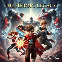 A striking portrait featuring five heroes (two girls and three boys) with unique superpowers in a dramatic confrontation against three towering Titans