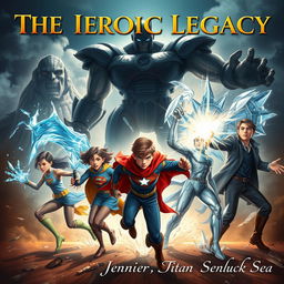 A striking portrait featuring five heroes (two girls and three boys) with unique superpowers in a dramatic confrontation against three towering Titans