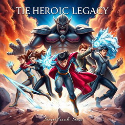 A striking portrait featuring five heroes (two girls and three boys) with unique superpowers in a dramatic confrontation against three towering Titans