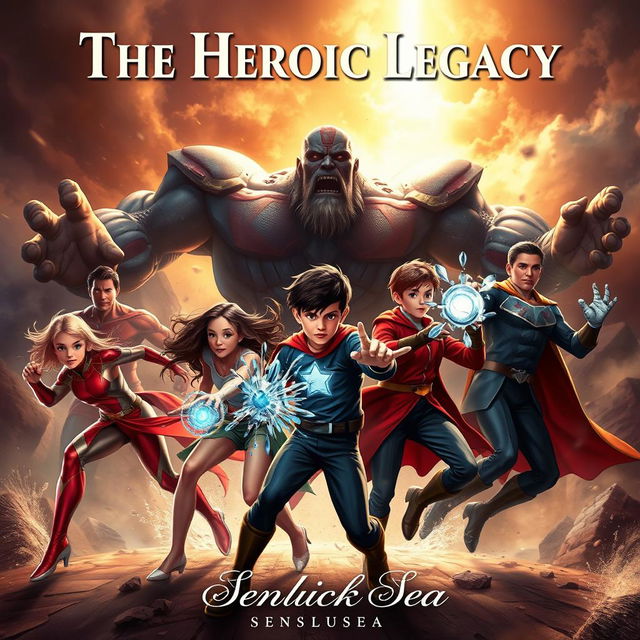 A striking portrait featuring five heroes (two girls and three boys) with unique superpowers in a dramatic confrontation against three towering Titans