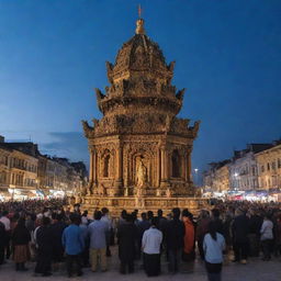 People gathered in the city center, respectfully praying before a grand and intricately carved statue under the twilight sky.