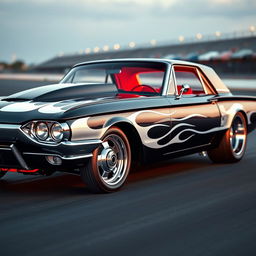 A stunning black 1965 Ford Thunderbird drag car featuring eye-catching white ghost flames that add a mystical touch