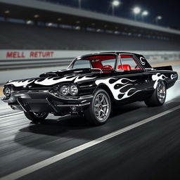 A stunning black 1965 Ford Thunderbird drag car featuring eye-catching white ghost flames that add a mystical touch