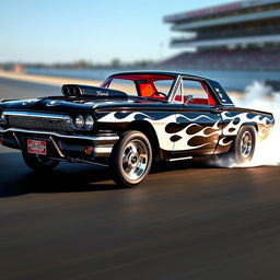 A stunning black 1965 Ford Thunderbird drag car featuring eye-catching white ghost flames that add a mystical touch