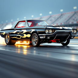 A stunning black 1965 Ford Thunderbird drag car featuring eye-catching white ghost flames that add a mystical touch