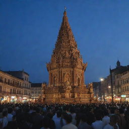 People gathered in the city center, respectfully praying before a grand and intricately carved statue under the twilight sky.