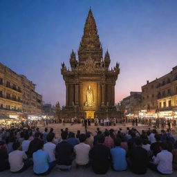 People gathered in the city center, respectfully praying before a grand and intricately carved statue under the twilight sky.