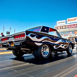 A stunning black 1965 Ford Thunderbird drag car, featuring dramatic white ghost flames that elegantly flow along the sides