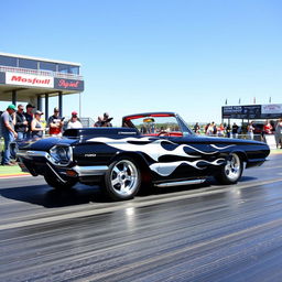 A stunning black 1965 Ford Thunderbird drag car, featuring dramatic white ghost flames that elegantly flow along the sides