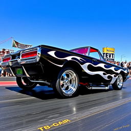 A stunning black 1965 Ford Thunderbird drag car, featuring dramatic white ghost flames that elegantly flow along the sides