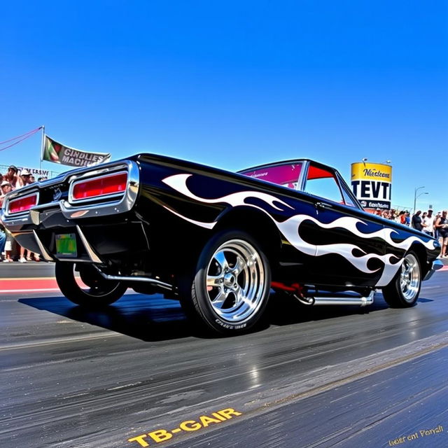 A stunning black 1965 Ford Thunderbird drag car, featuring dramatic white ghost flames that elegantly flow along the sides