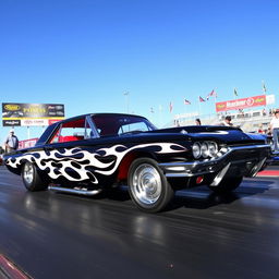 A stunning black 1965 Ford Thunderbird drag car, featuring dramatic white ghost flames that elegantly flow along the sides