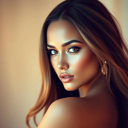 A striking portrait of a woman with an elegant pose, showcasing her confident expression and captivating gaze