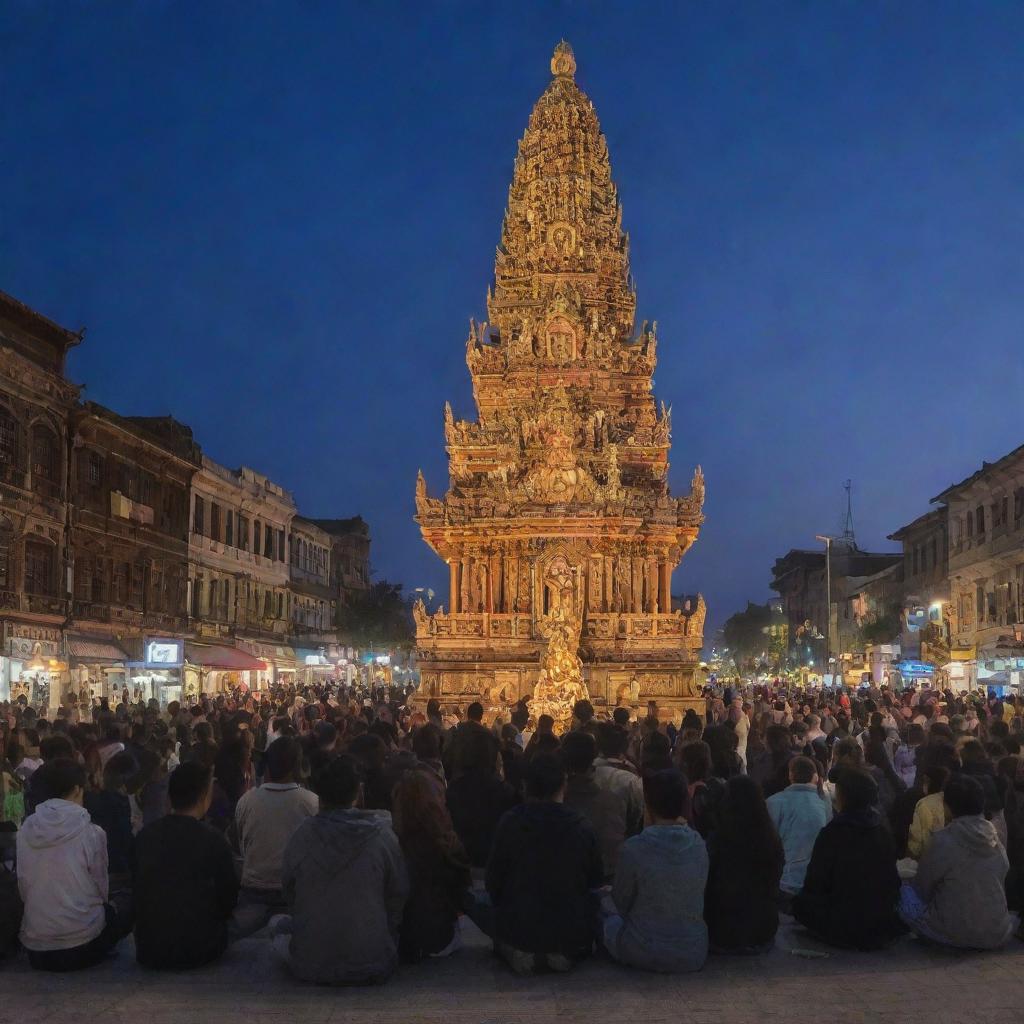 People gathered in the city center, respectfully praying before a grand and intricately carved statue under the twilight sky.