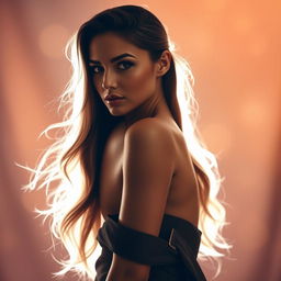 A striking portrait of a woman with an elegant pose, showcasing her confident expression and captivating gaze