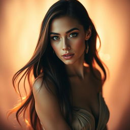 A striking portrait of a woman with an elegant pose, showcasing her confident expression and captivating gaze