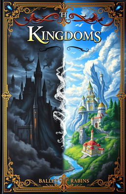 A stunning book cover depicting two kingdoms: one dark and ominous, filled with shadowy castles, twisted trees, and dark clouds; the other light and vibrant, featuring shimmering palaces, lush green landscapes, and a bright blue sky