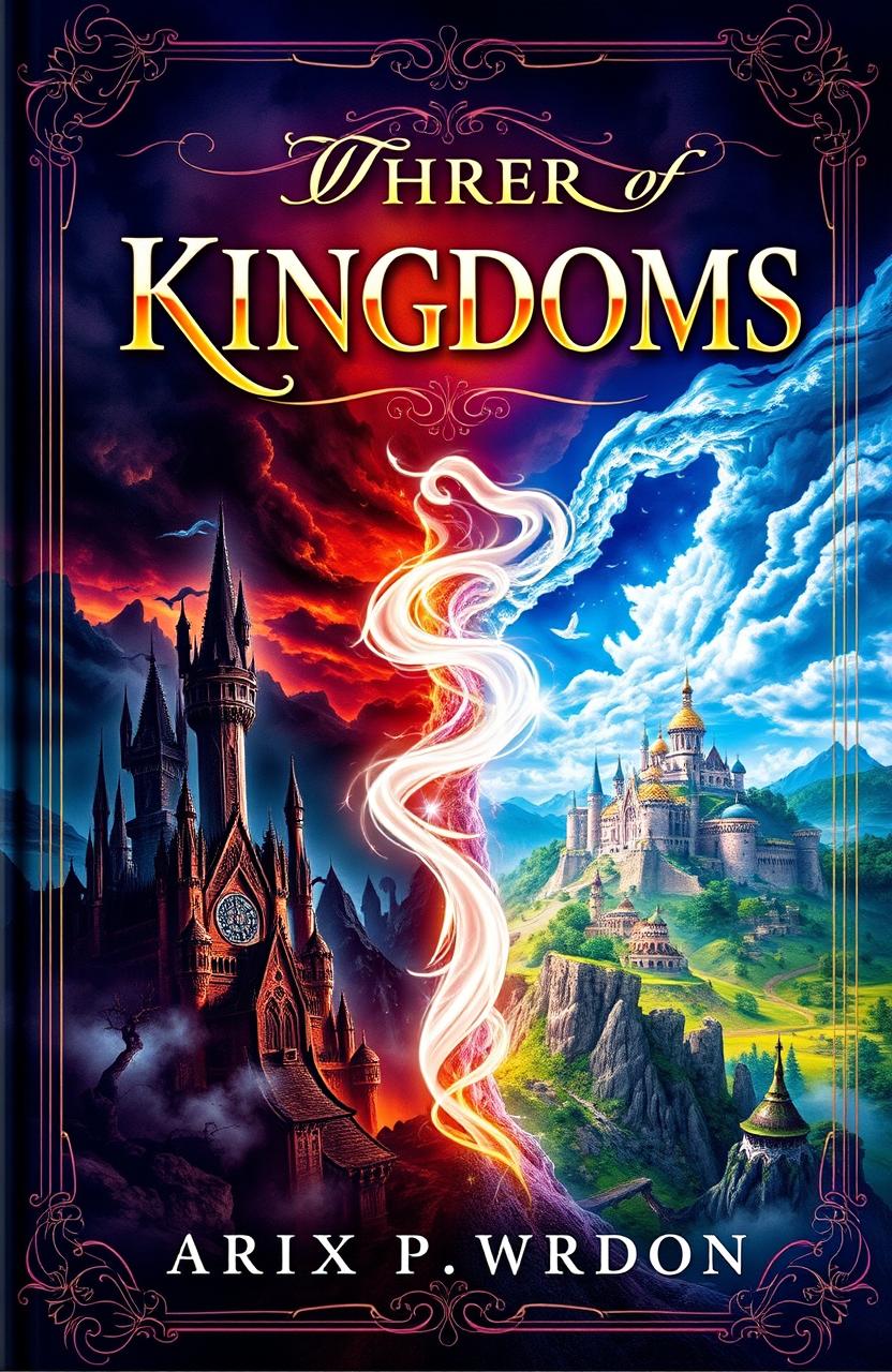 A stunning book cover depicting two kingdoms: one dark and ominous, filled with shadowy castles, twisted trees, and dark clouds; the other light and vibrant, featuring shimmering palaces, lush green landscapes, and a bright blue sky