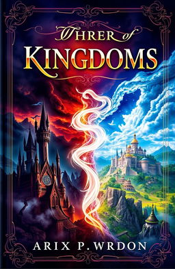 A stunning book cover depicting two kingdoms: one dark and ominous, filled with shadowy castles, twisted trees, and dark clouds; the other light and vibrant, featuring shimmering palaces, lush green landscapes, and a bright blue sky