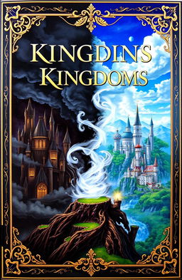 A stunning book cover depicting two kingdoms: one dark and ominous, filled with shadowy castles, twisted trees, and dark clouds; the other light and vibrant, featuring shimmering palaces, lush green landscapes, and a bright blue sky