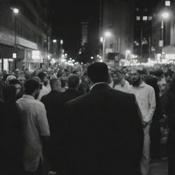 Amongst the crowd, one dedicated Muslim individual passionately preaching his faith, engaging with curious onlookers under the city lights