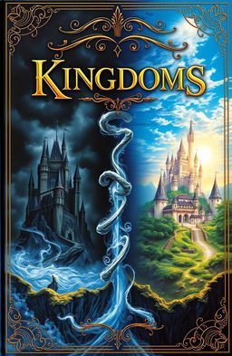 A stunning book cover depicting two kingdoms: one dark and ominous, filled with shadowy castles, twisted trees, and dark clouds; the other light and vibrant, featuring shimmering palaces, lush green landscapes, and a bright blue sky