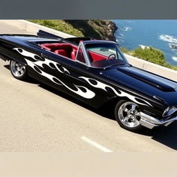 A stunning black 1965 Ford Thunderbird featuring striking white ghost flames along the sides, showcasing its vintage charm and sporty look