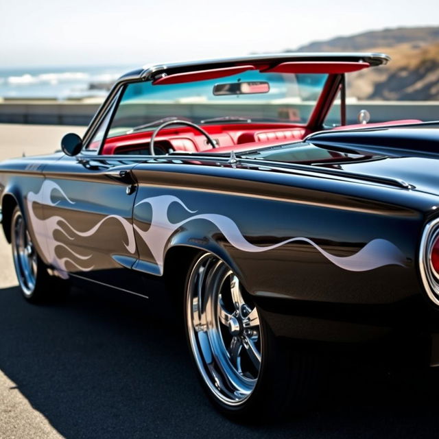 A stunning black 1965 Ford Thunderbird featuring striking white ghost flames along the sides, showcasing its vintage charm and sporty look