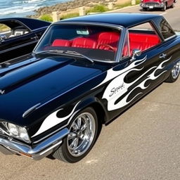 A stunning black 1965 Ford Thunderbird featuring striking white ghost flames along the sides, showcasing its vintage charm and sporty look