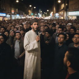 Amongst the crowd, one dedicated Muslim individual passionately preaching his faith, engaging with curious onlookers under the city lights