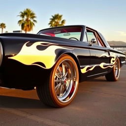 A stunning black 1965 Ford Thunderbird featuring striking white flames on the sides, large chrome wheels that gleam in the sunlight, and an eye-catching red interior