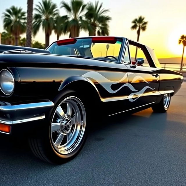 A stunning black 1965 Ford Thunderbird featuring striking white flames on the sides, large chrome wheels that gleam in the sunlight, and an eye-catching red interior