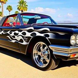 A stunning black 1965 Ford Thunderbird featuring striking white flames on the sides, large chrome wheels that gleam in the sunlight, and an eye-catching red interior