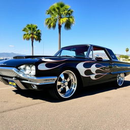 A stunning black 1965 Ford Thunderbird featuring striking white flames on the sides, large chrome wheels that gleam in the sunlight, and an eye-catching red interior