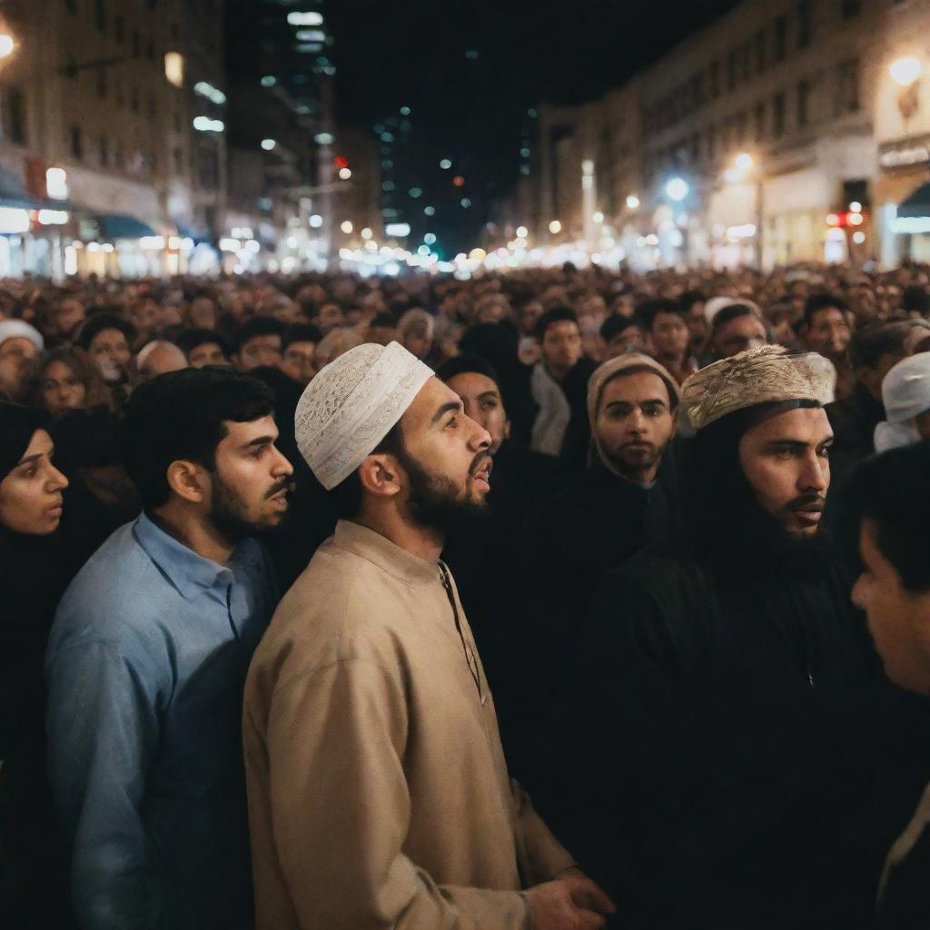 Amongst the crowd, one dedicated Muslim individual passionately preaching his faith, engaging with curious onlookers under the city lights