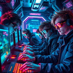 A futuristic science fiction scene depicting a group of skilled young computer hackers working together in a high-tech underground lair