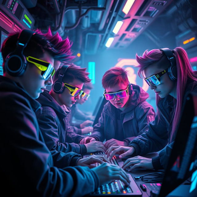 A futuristic science fiction scene depicting a group of skilled young computer hackers working together in a high-tech underground lair