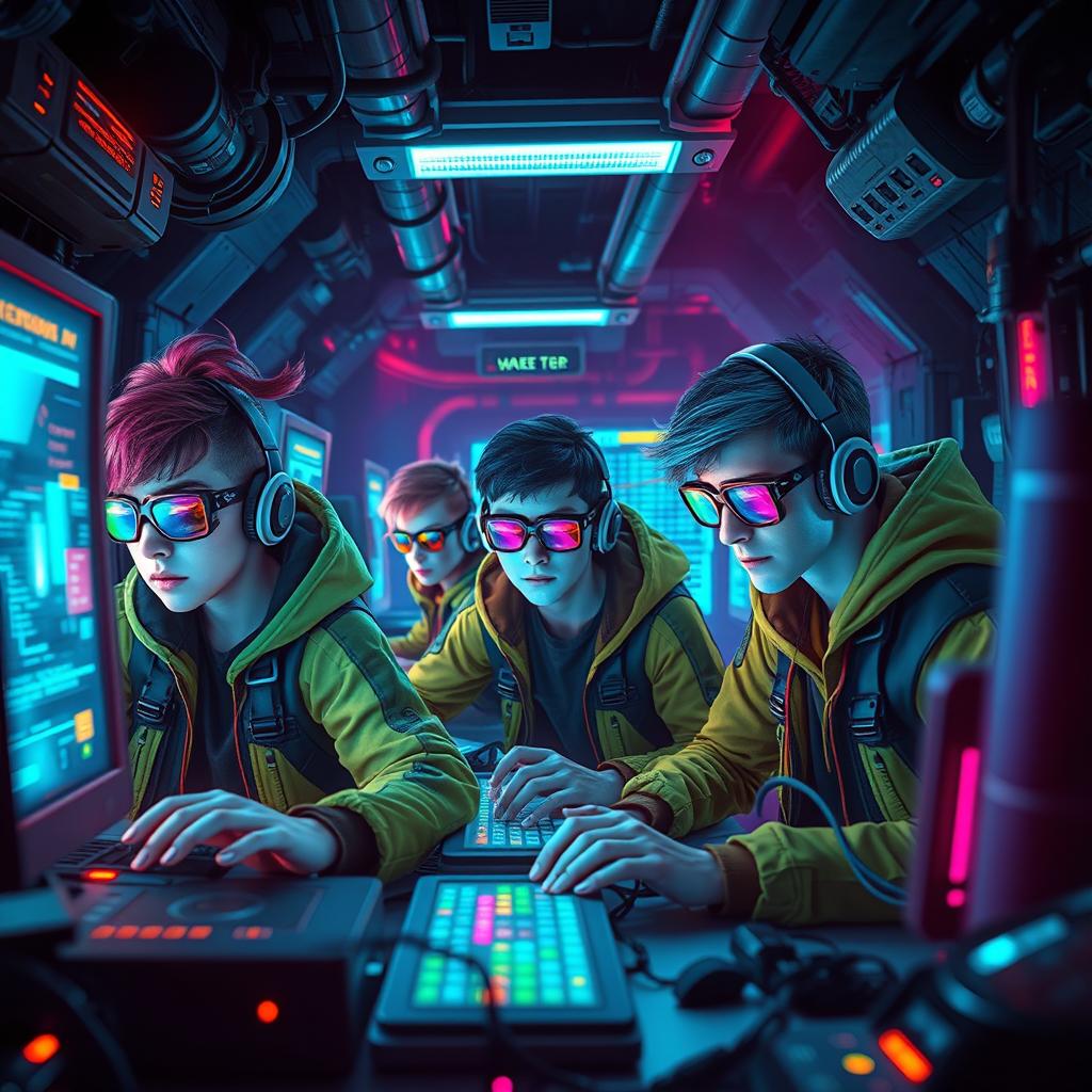 A futuristic science fiction scene depicting a group of skilled young computer hackers working together in a high-tech underground lair