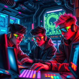 A futuristic science fiction scene depicting a group of skilled young computer hackers working together in a high-tech underground lair