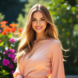 A beautiful woman with a confident posture, standing in a serene outdoor environment