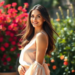 A beautiful woman with a confident posture, standing in a serene outdoor environment