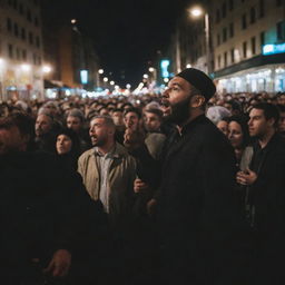 Amongst the crowd, one dedicated Muslim individual passionately preaching his faith, engaging with curious onlookers under the city lights