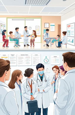 A detailed and informative illustration of a community medicine evaluation setting, capturing a group of medical professionals participating in Objective Structured Practical Examination (OSPE) and Objective Structured Clinical Examination (OSCE) scenarios