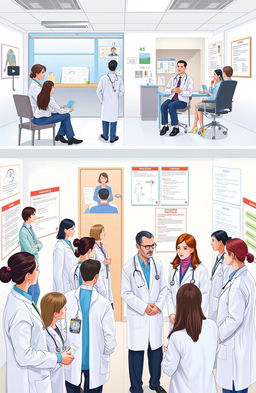 A detailed and informative illustration of a community medicine evaluation setting, capturing a group of medical professionals participating in Objective Structured Practical Examination (OSPE) and Objective Structured Clinical Examination (OSCE) scenarios