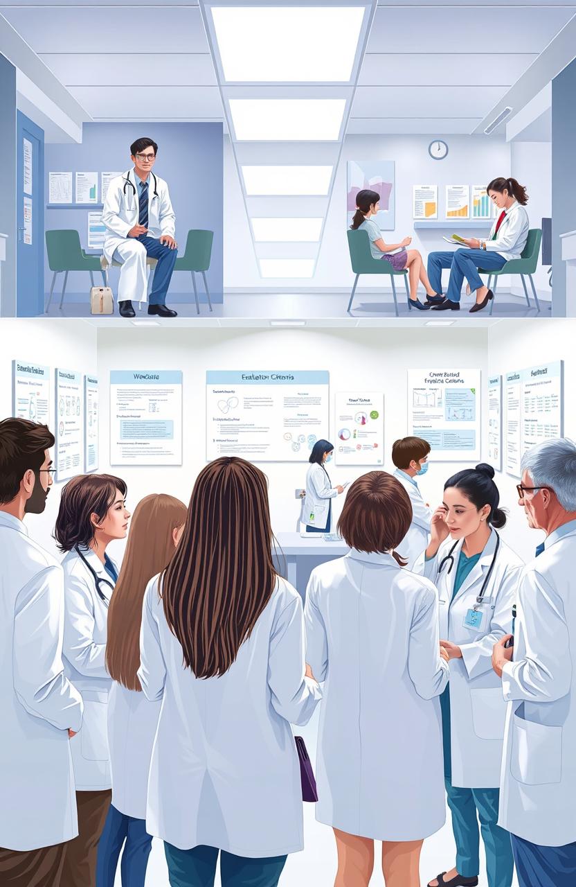 A detailed and informative illustration of a community medicine evaluation setting, capturing a group of medical professionals participating in Objective Structured Practical Examination (OSPE) and Objective Structured Clinical Examination (OSCE) scenarios