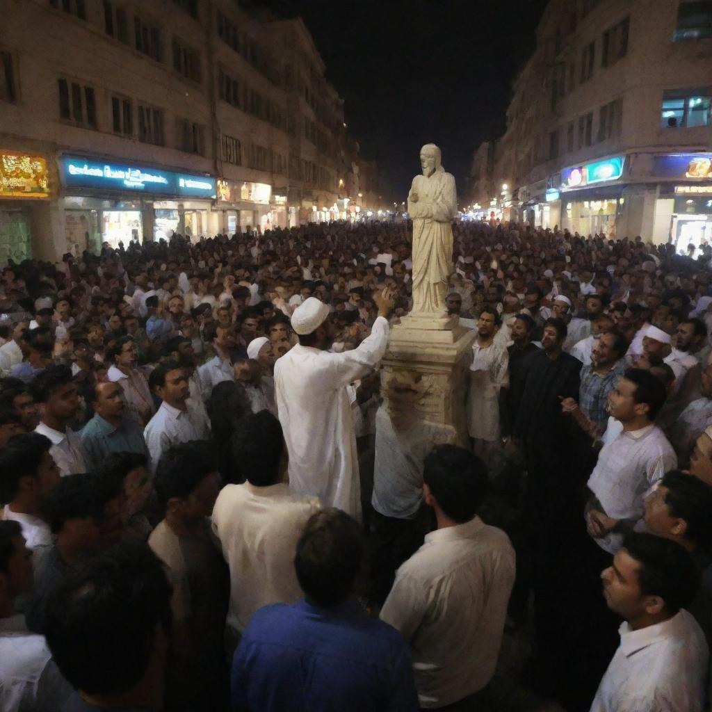 Tension arises in the city center as the statue worshippers express displeasure and anger towards the Muslim preacher's message, creating a dramatic scene under the city lights