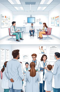 A detailed and informative illustration of a community medicine evaluation setting, capturing a group of medical professionals participating in Objective Structured Practical Examination (OSPE) and Objective Structured Clinical Examination (OSCE) scenarios