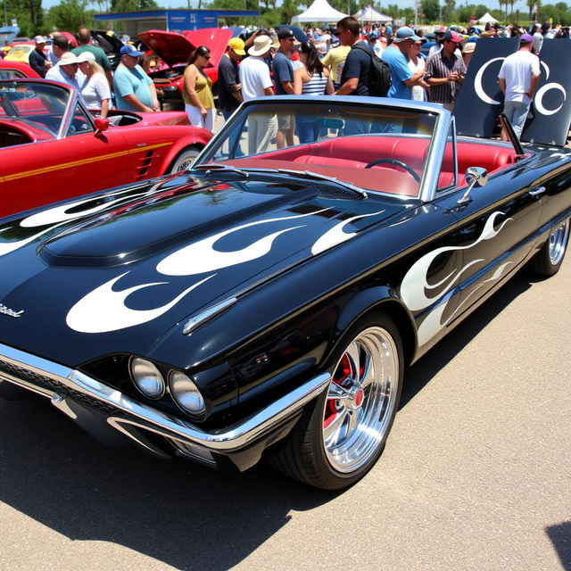 A stunning black 1965 Ford Thunderbird show car, featuring bold white flames painted down the sides