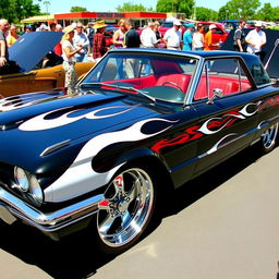A stunning black 1965 Ford Thunderbird show car, featuring bold white flames painted down the sides